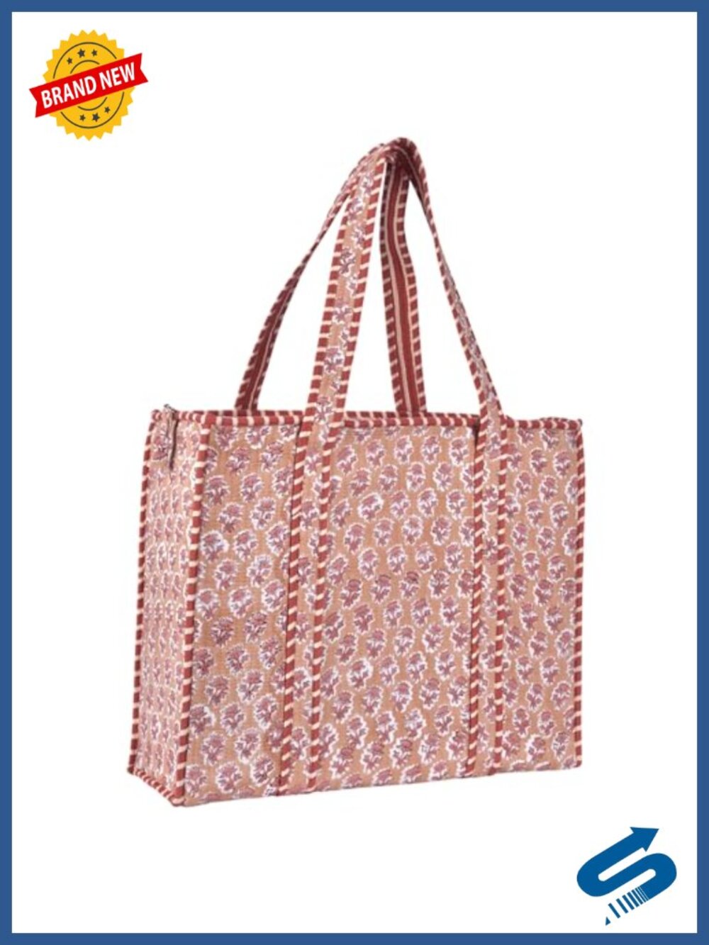 Quilted Cotton Tote Bag Large Block Print Handmade Floral Shoulder Bag
